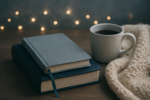 Christmas and Seasonal Devotionals illustrated by a Bible and journal with a warm blanket and Christmas lights